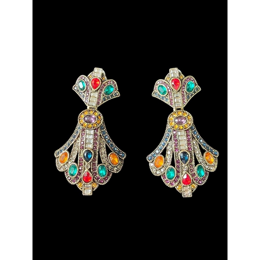 Heidi Daus Multi Colored Chandelier Statement Dangle Clip On Earrings NIB